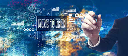 Move to Earn theme with businessman in a bokeh neon light trails city backgroundの写真素材