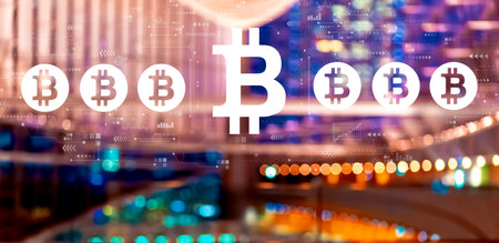 Bitcoin theme with big city at nightの写真素材