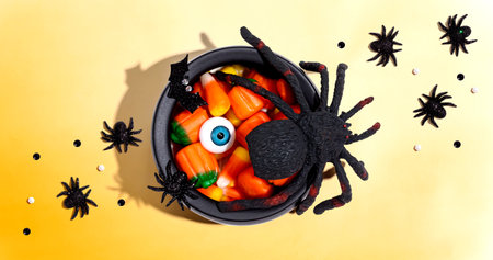 Halloween decorations with witch cauldronの写真素材