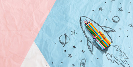 Back to school theme with hand drawn rocket and colored pencilsの写真素材