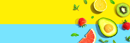 Avocado and mixed fruits overhead viewの写真素材