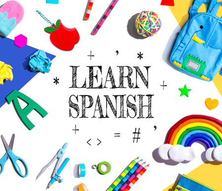 Learn Spanish theme with school supplies - flat layの写真素材