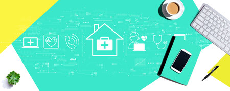 Telehealth theme with computer keyboard and office itemsの写真素材