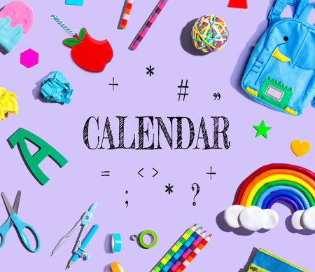 Calendar theme with school supplies on a purple backgroundの写真素材