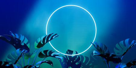 Tropical monstera leaves with neon light - 3Dの写真素材