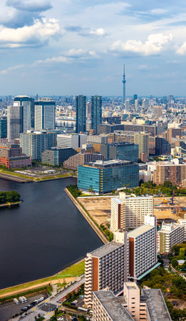 Aerial view of Odaiba Harbor in Tokyo, Japan