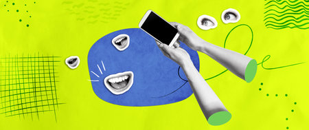 Person using a smartphone with eyes and mouthの写真素材