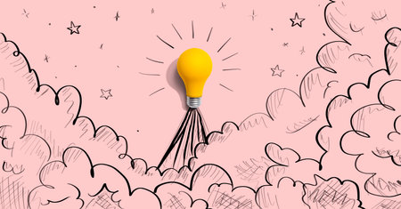 Idea light bulb flying to the sky like a rocketの写真素材