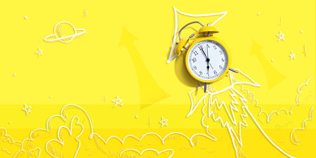 Alarm clock flying to the sky like a rocketの写真素材