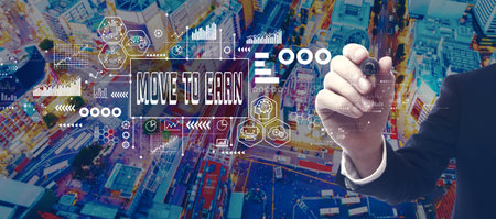 Move to Earn theme with businessman in city at nightの写真素材