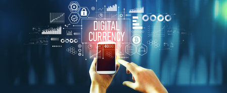 Digital currency theme with person using smartphoneの写真素材