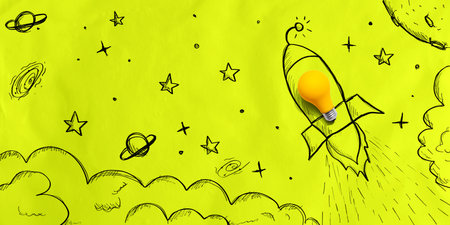 Idea light bulb rocket flying to the skyの写真素材
