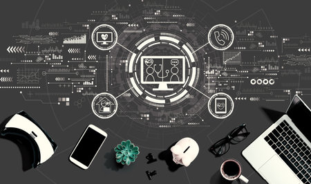 Telehealth theme with electronic gadgets and office suppliesの写真素材