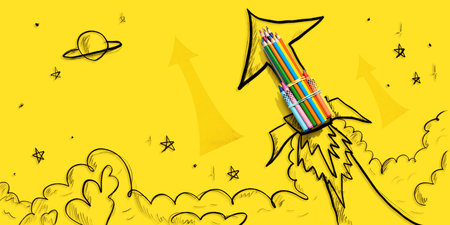 Back to school theme with hand drawn rocket and pencilsの写真素材