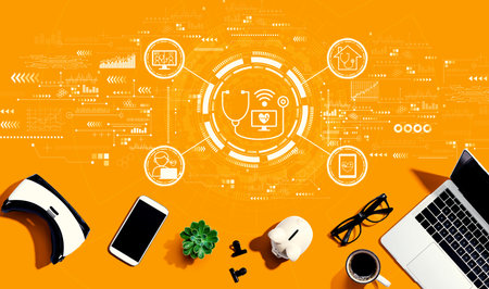 Telemedicine theme with electronic gadgets and office suppliesの写真素材
