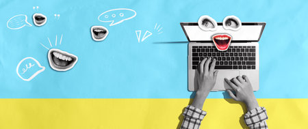 Person using a laptop computer with eyes and mouth - Photo collageの写真素材