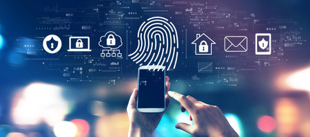 Fingerprint scanning theme with a smartphone in city lights at nightの写真素材