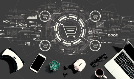 Online shopping theme with electronic gadgets and office suppliesの写真素材