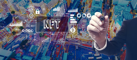 NFT theme with businessman in city at nightの写真素材