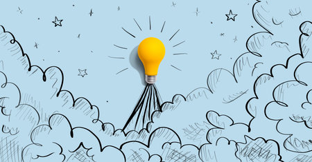 Idea light bulb flying to the sky like a rocketの写真素材