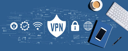 VPN concept with computer keyboard and office itemsの写真素材
