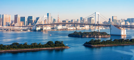 Tokyo Bay with the Rainbow Bridge, Odaibaの写真素材