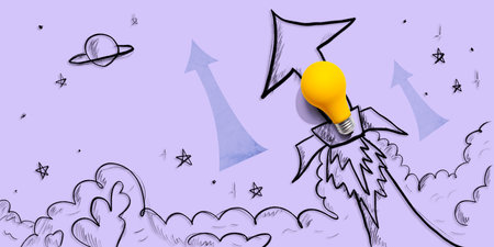 Idea light bulb flying to the sky like a rocket with arrowsの写真素材
