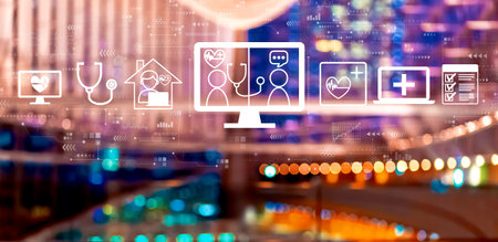 Telehealth theme with big city at nightの写真素材