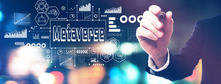 Metaverse theme with a businessman holding a markerの写真素材