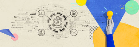 Fingerprint scanning theme with person holding a light bulbの写真素材