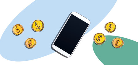 Blank smartphone with coins - earn online themeの写真素材