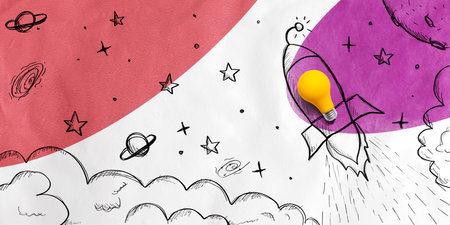 Idea light bulb rocket flying to the skyの写真素材