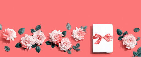 Gift box with pink roses overhead viewの写真素材