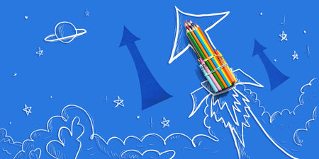 Back to school theme with hand drawn rocket and pencilsの写真素材