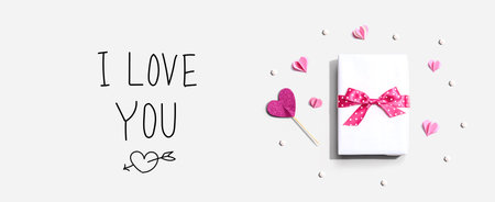 I love you message with a gift box and heartsの写真素材