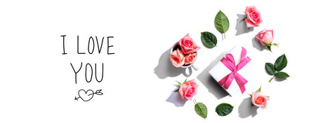 I love you message with a gift box and rosesの写真素材