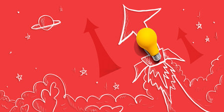 Idea light bulb flying to the sky like a rocket with arrowsの写真素材