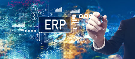 ERP theme with businessman in a bokeh neon light trails city backgroundの写真素材