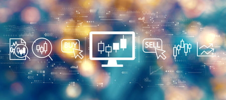 Stock trading theme with blurred city at nightの写真素材