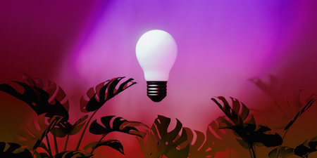 Lightbulb and tropical monstera leaves with neon light - 3Dの写真素材