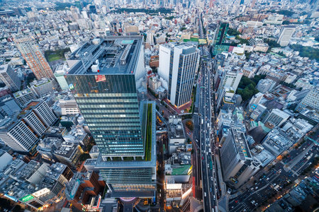 Aerial View of Shibuya, Tokyo, Japan at sunsetの写真素材