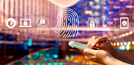 Fingerprint scanning theme with person using a smartphone in city at nightの写真素材