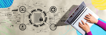 Data protection concept with person using a laptopの写真素材