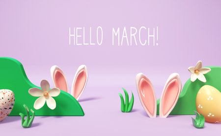 Hello March message with rabbit earsの写真素材