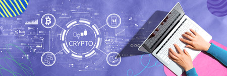 Crypto Trading theme with person using a laptopの写真素材