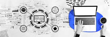 Social media theme with person using a laptopの写真素材