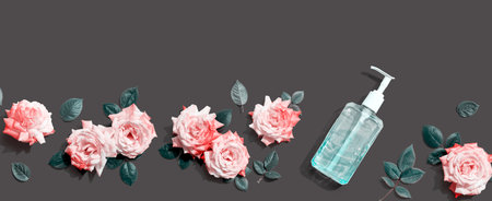 Sanitizer bottle with pink roses overhead viewの写真素材