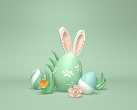 Colorful hand decorated Easter eggs with rabbit earsの写真素材
