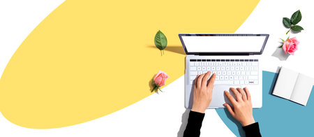 Woman using her laptop with pink rosesの写真素材