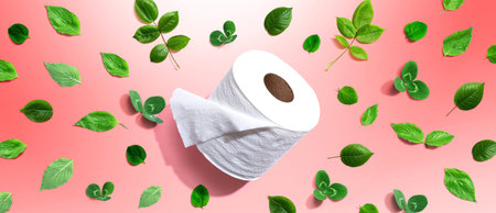 A roll of toilet paper with green leavesの写真素材
